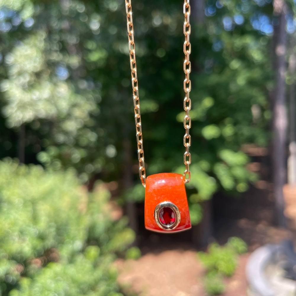 Vintage Genuine Orange Carnelian and Red Garnet 14k gold Pendant - beautiful! - Picture 14 of 16